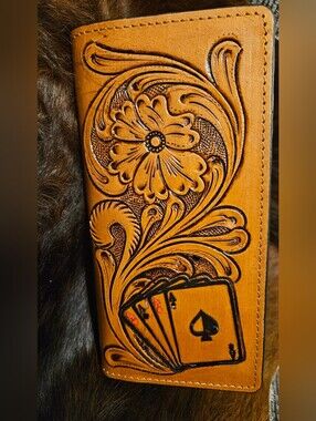Tooled Leather Wallet with Floral & Playing Card Design - Tan